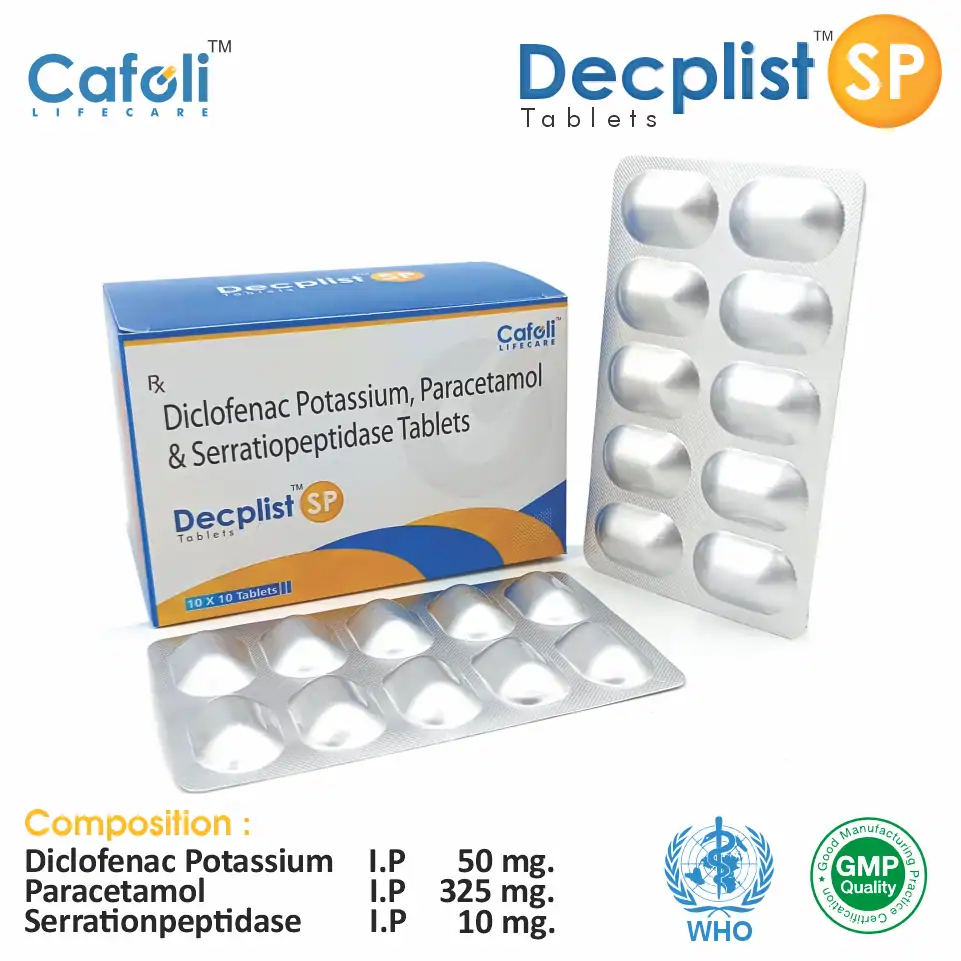 Diclofenac 50mg + Paracetamol 325mg + Serratiopeptidase 10mg Tablet at Best Price in PCD Pharma Franchise for NSAID and Pain Relief.